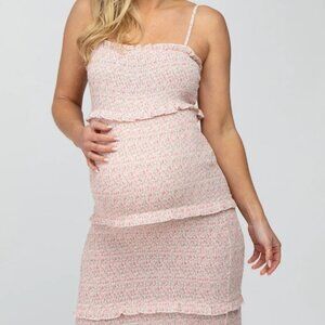 Pink Floral Print Smocked Maternity Maxi Dress